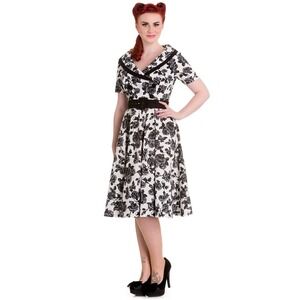 Hell Bunny Honor‎ 50s Style Dress Black Rose V-Neck Collared Size Small